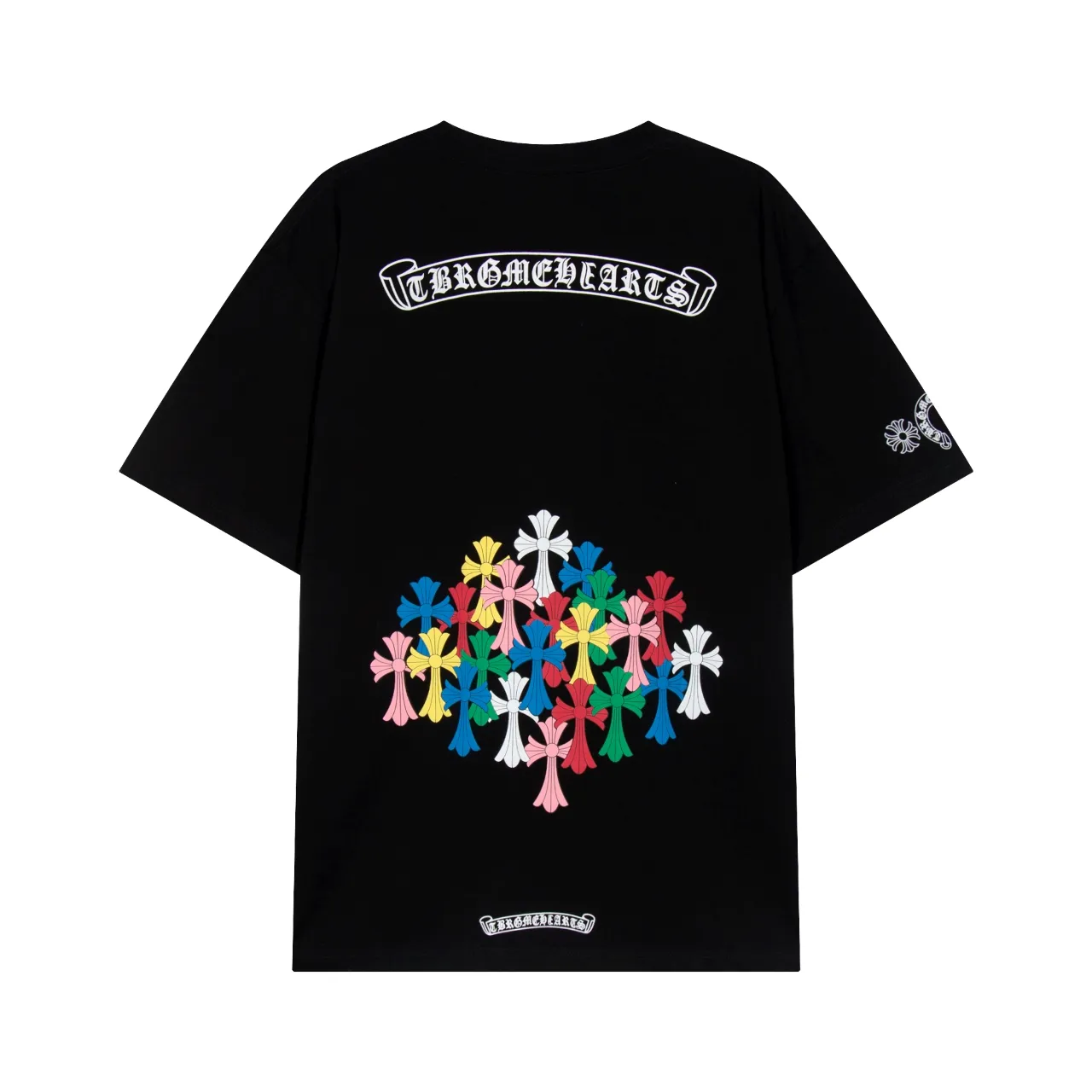 P150 Chrome Hearts Sanskrit Rainbow Horseshoe Print Cross Short Sleeves Size: SMLXL Color: Black White